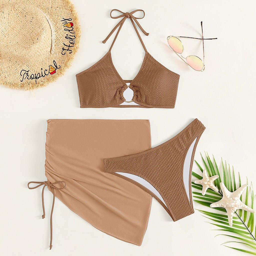 Đồ Bơi Nữ 2 Mảnh Bikini 3 Chi Tiết Khăn Choàng Quấn Mông Áo Tắm Che
