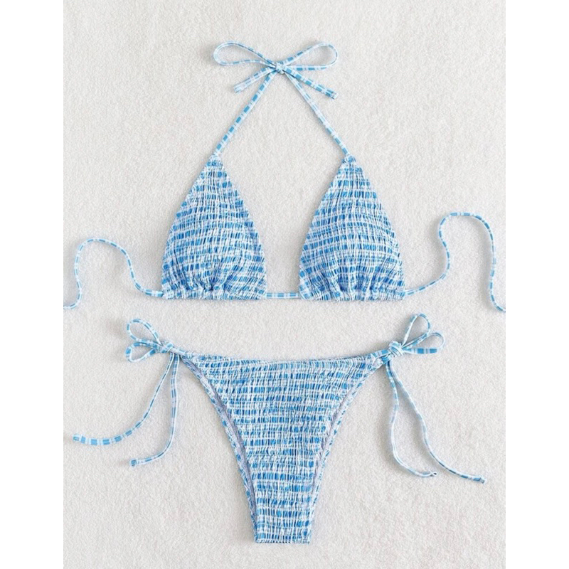𝒫𝑒𝒶𝒸𝒽𝓎 𝒷𝒾𝓀𝒾𝓃𝒾 Bộ Bikini Nữ Thêu Smock màu xanh biển trendy Shopee Việt Nam