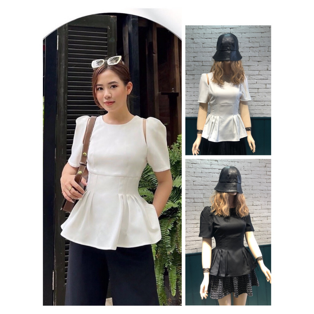 Áo Peplum nữ tay ngắn phồng thiết kế hở vai cách điệu cổ cut out eo