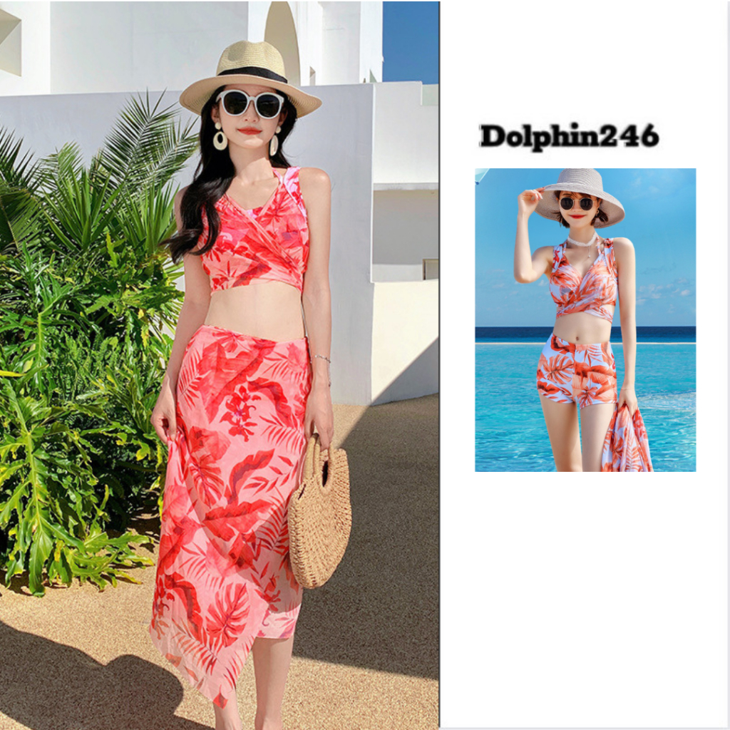 Bikini set 3 chi tiết đi biển cho nữ họa tiết hoa lá rực rỡ nhiều màu