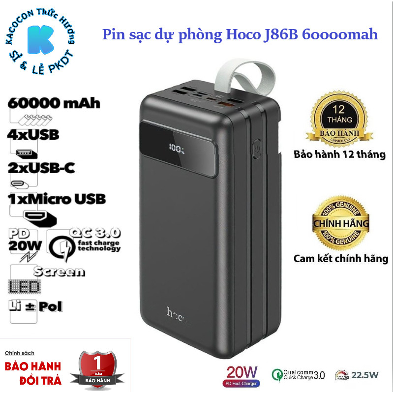 Sạc Dự Phòng J86A Dung Lượng 60000mah Sạc Nhanh 22 5W Sạc Cùng Lúc