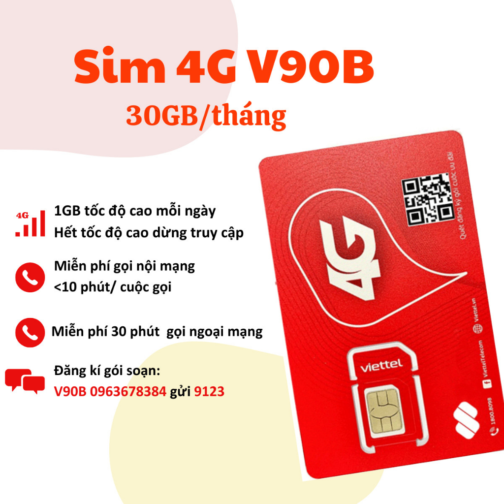 SIM 4G VIETTEL MIỄN PHÍ MẠNG DATA GỌI THOẠI Sim 4G GÓI CƯỚC MỚI V90B