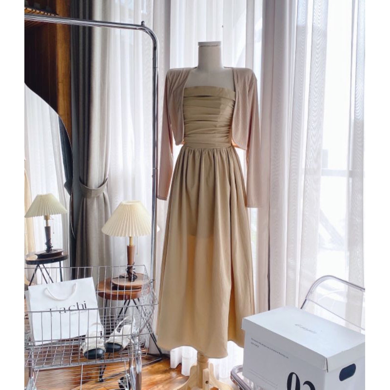 SET ĐẦM MIDI ỐNG NUDE NHÚN XẾP NGỰC KÈM KHOÁC CROP Shopee Việt Nam