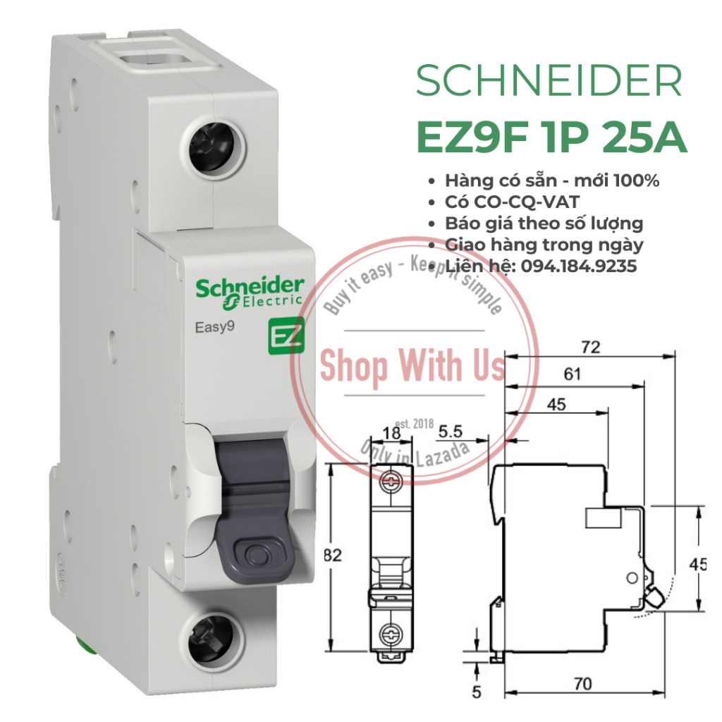 EZ9F34125 Easy9 miniature circuit breaker 1P 25A Aptomat CB Tép