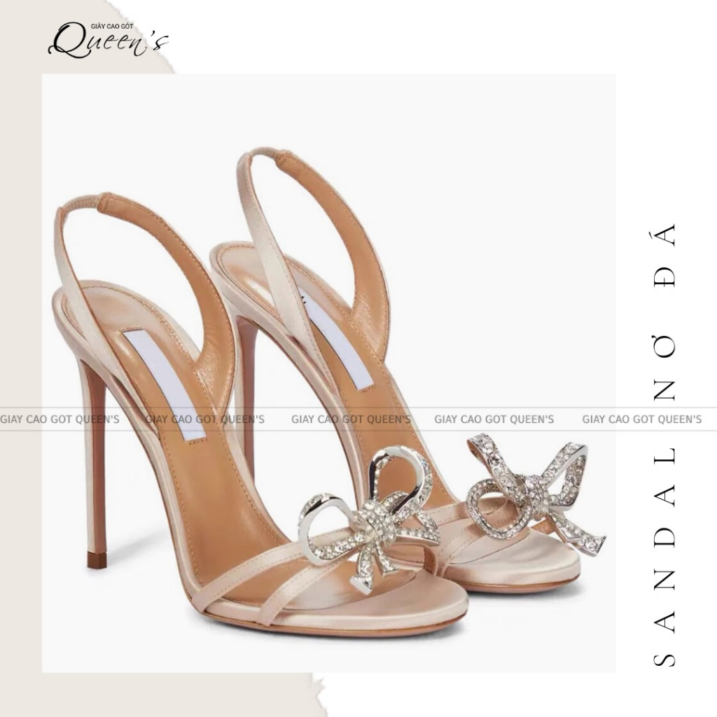 GIÀY SANDAL NƠ ĐÁ MÀU NUDE CHẤT SATIN LỤA CAO CẤP CAO 7 9 11CM