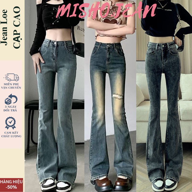 Quần jeans nữ ống loe co giãn quần bò jean nữ màu rêu ống đứng rộng