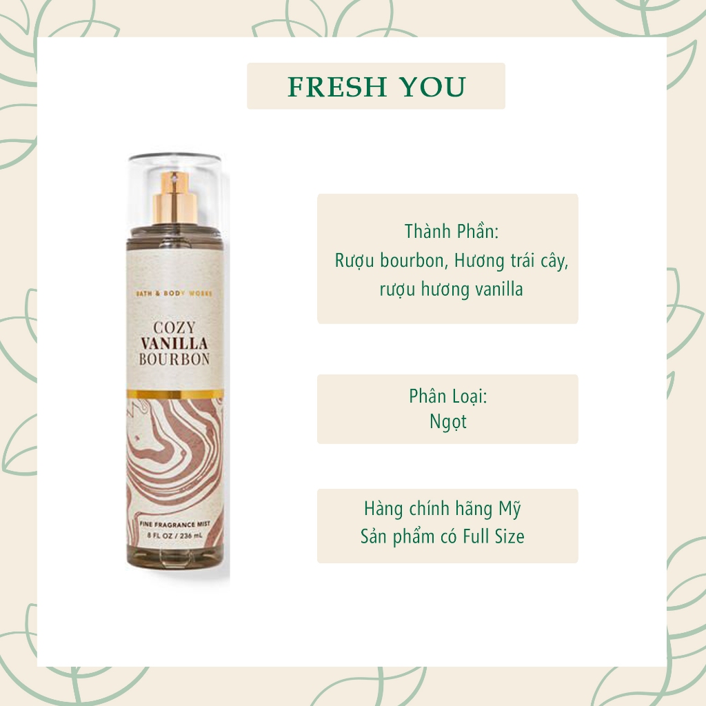 Cozy Vanilla Bourbon Full Xịt Thơm Toàn Thân Body Mist Bath Body