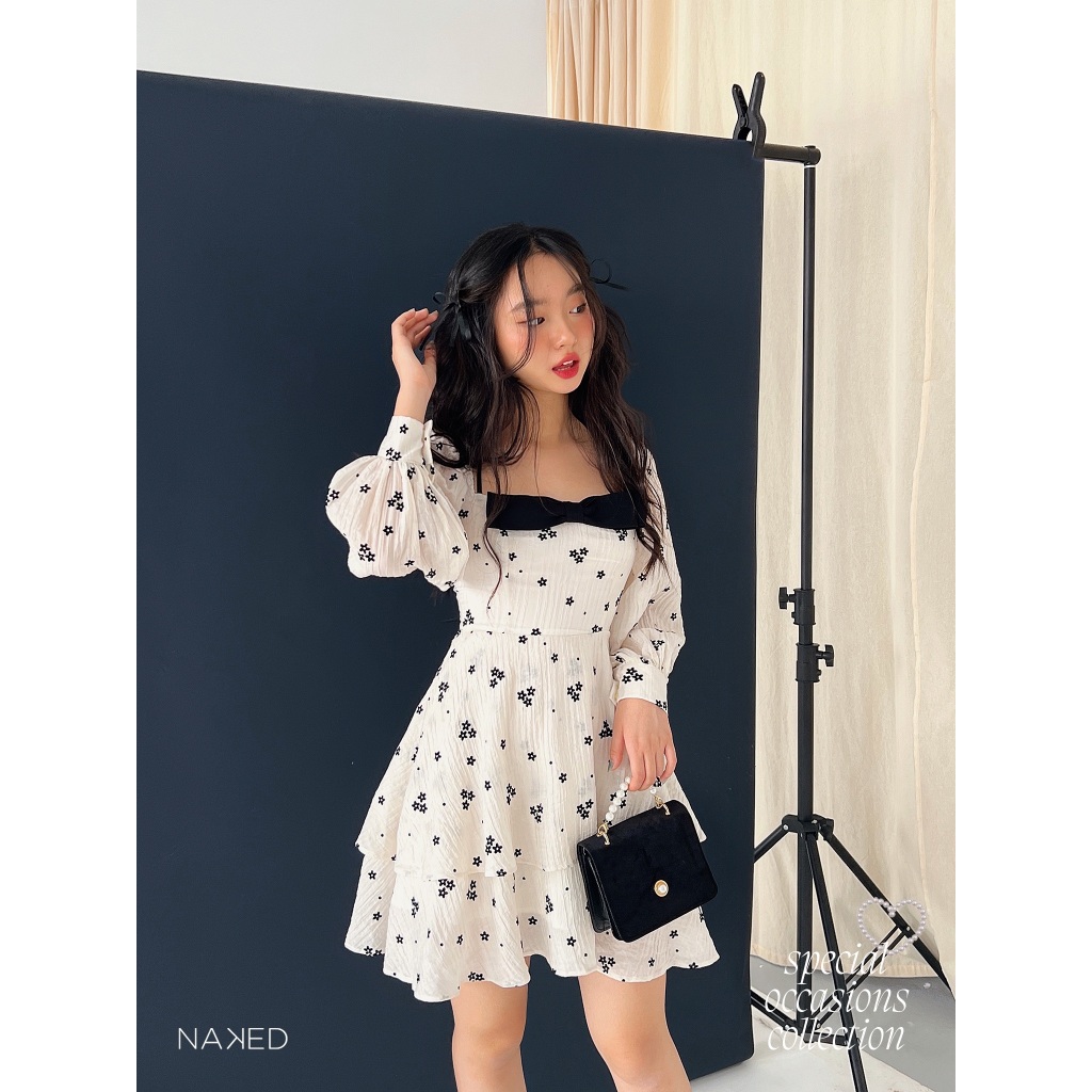 Váy tay dài hoa nhung gắn nơ Naked by V Isabelle Dress Shopee Việt Nam