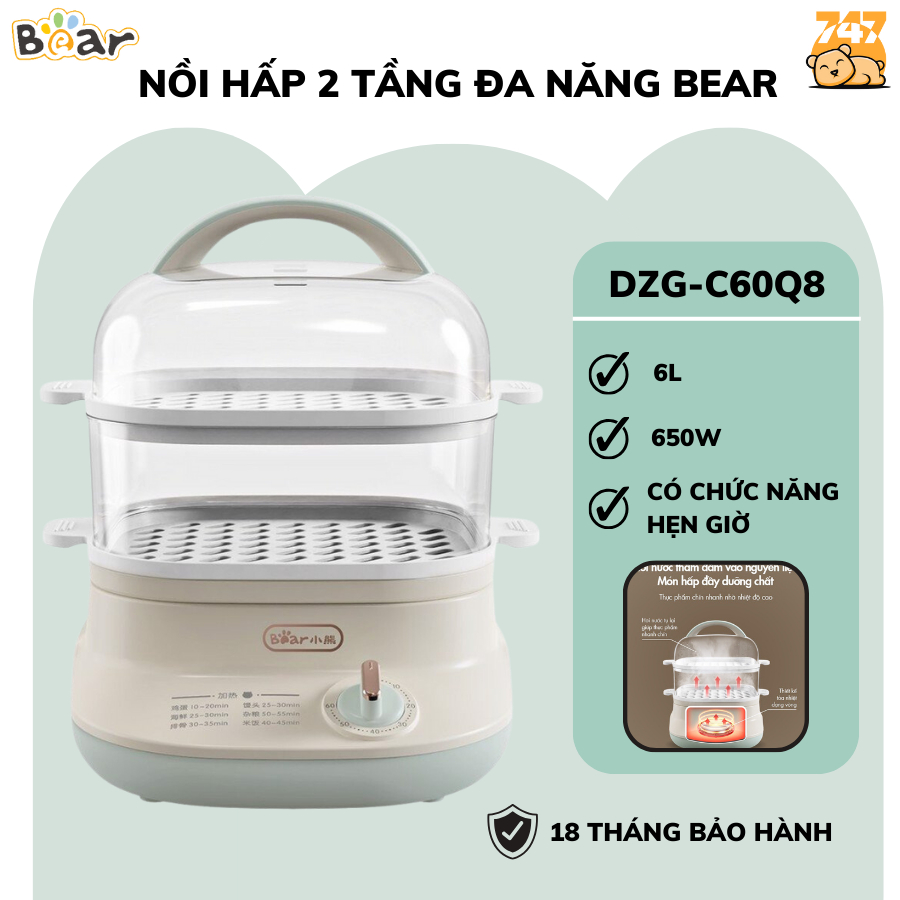 Nồi hấp điện 2 tầng 6L Bear DZG C60Q8 650W Tỏa nhiệt nhanh Có Hẹn