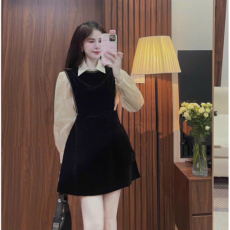 SET YẾM ĐEN VIỀN KÈM SƠ MI VOAN NUDE Shopee Việt Nam
