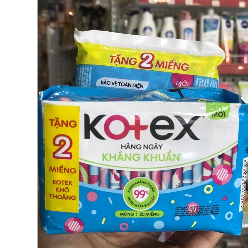 BĂNG VỆ SINH KOTEX HÀNG NGÀY KHÁNG KHUẨN MỎNG 20 MIẾNG TẶNG 2 MIẾNG