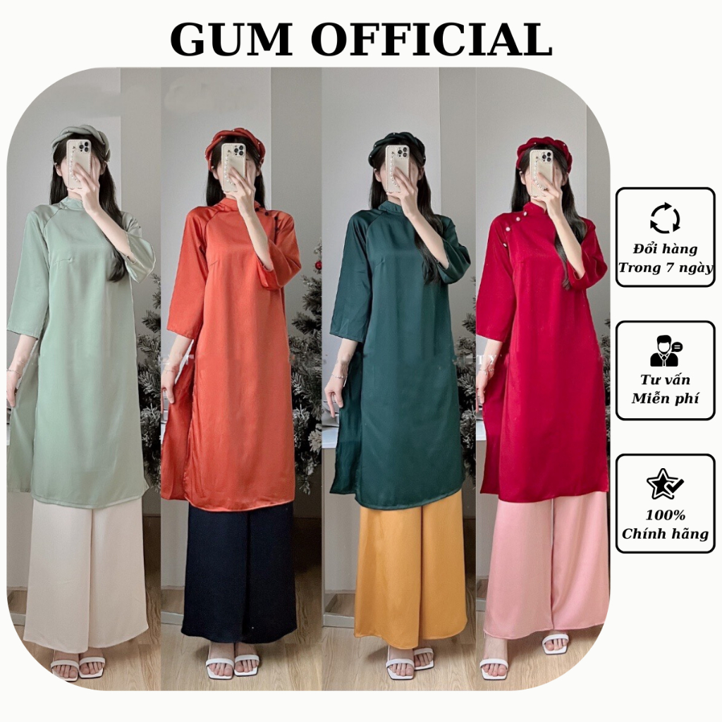 Set áo dài cách tân nữ lụa khuy cài kèm mấn ngọc GUM OFFICIAL Set áo