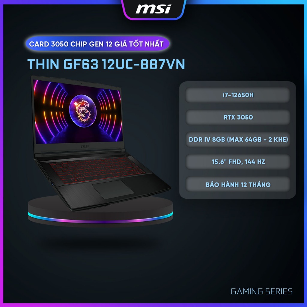 MSI Laptop Gaming Thin GF63 12UC 887VN I7 12650H RTX 3050 DDR4