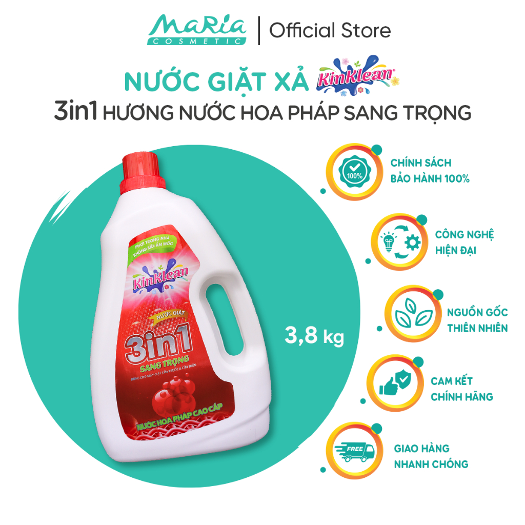 Nước giặt sạch thơm 3in1 KinKlean hương nước hoa Pháp sang trọng 3 8kg