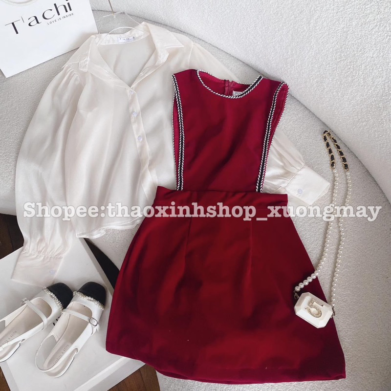 SET YẾM ĐỎ VIỀN KÈM SƠ MI VOAN NUDE Shopee Việt Nam