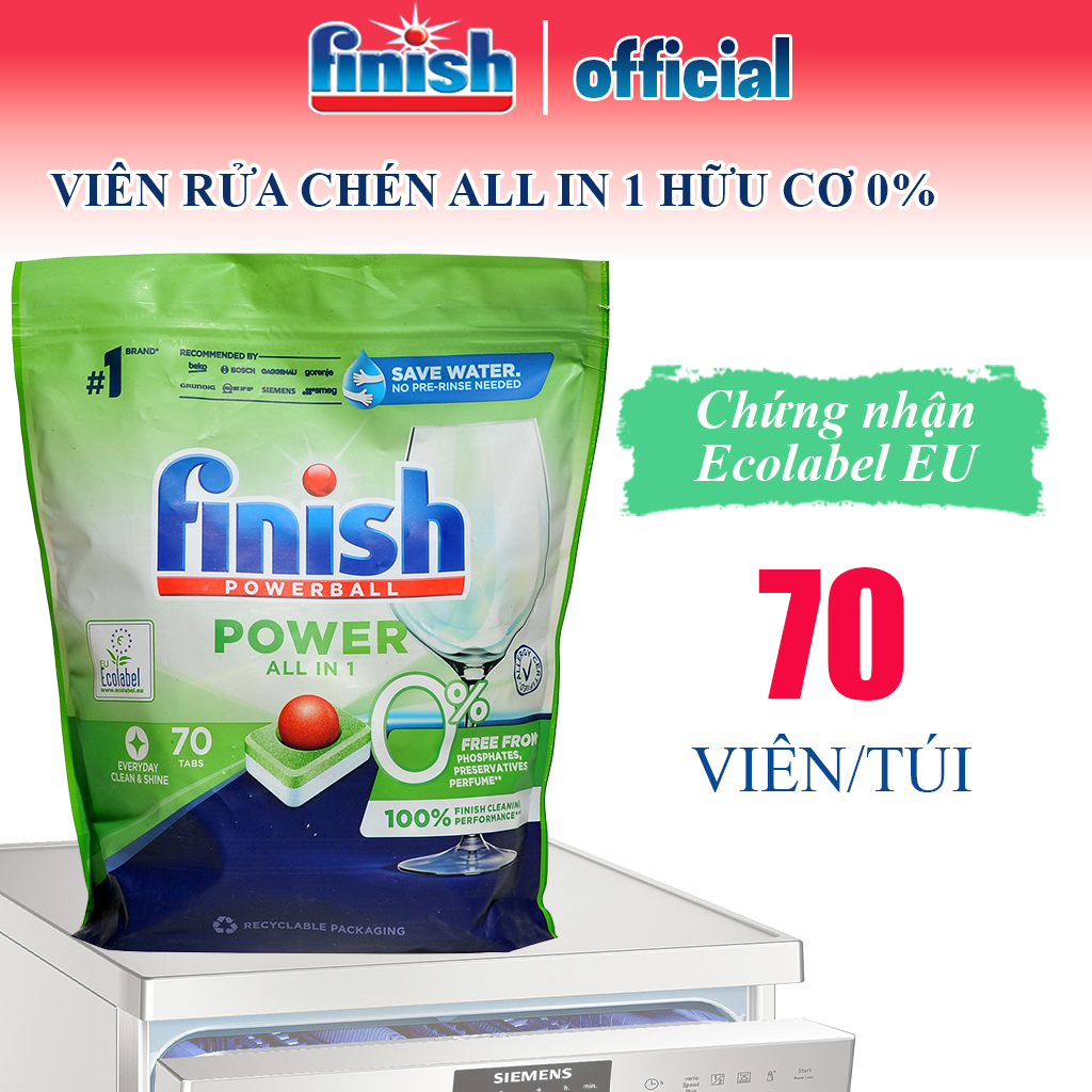 Viên rửa bát chén hữu cơ Finish All in 1 max ECO 0 size 70 40 viên an