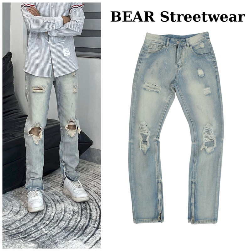 Quần jean nam ziper streetwear cao cấp BEAR STREETWEAR màu xanh sáng