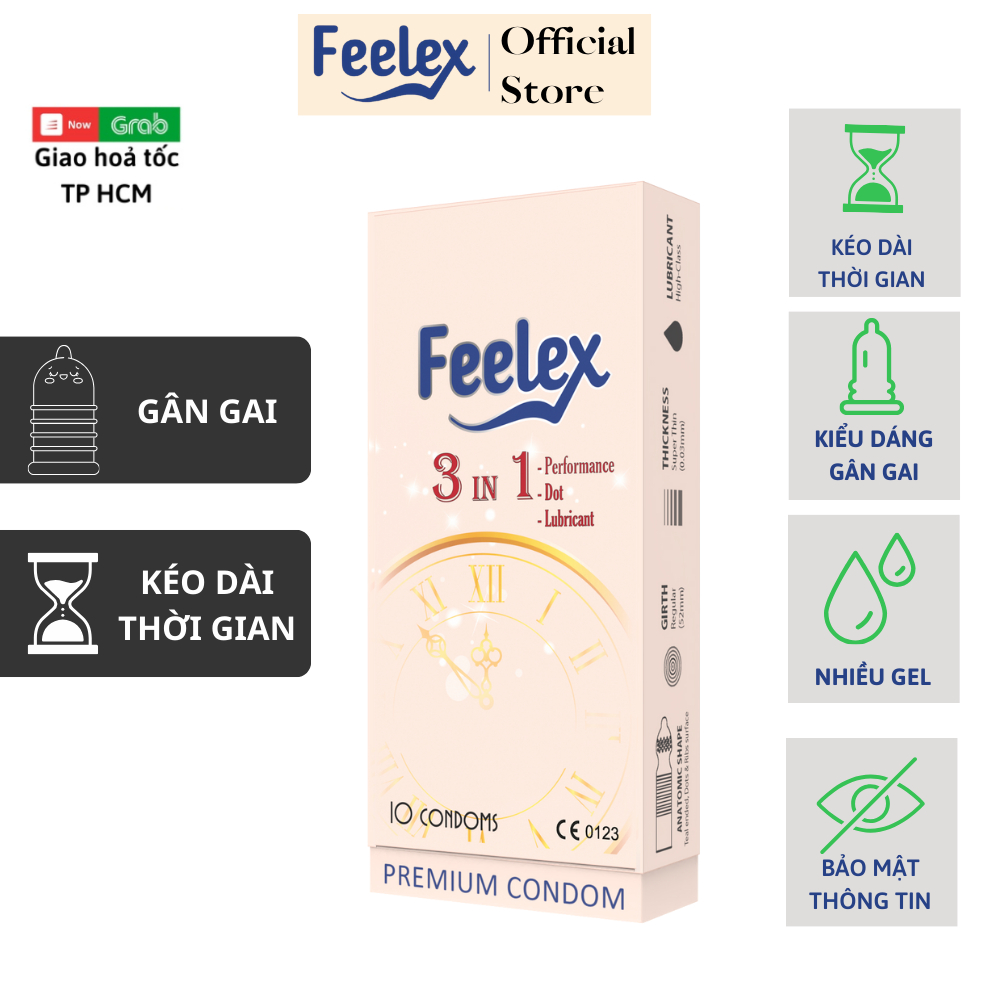 Bao cao su gai Feelex 3 in 1 gân gai kéo dài thời gian nhiều gel