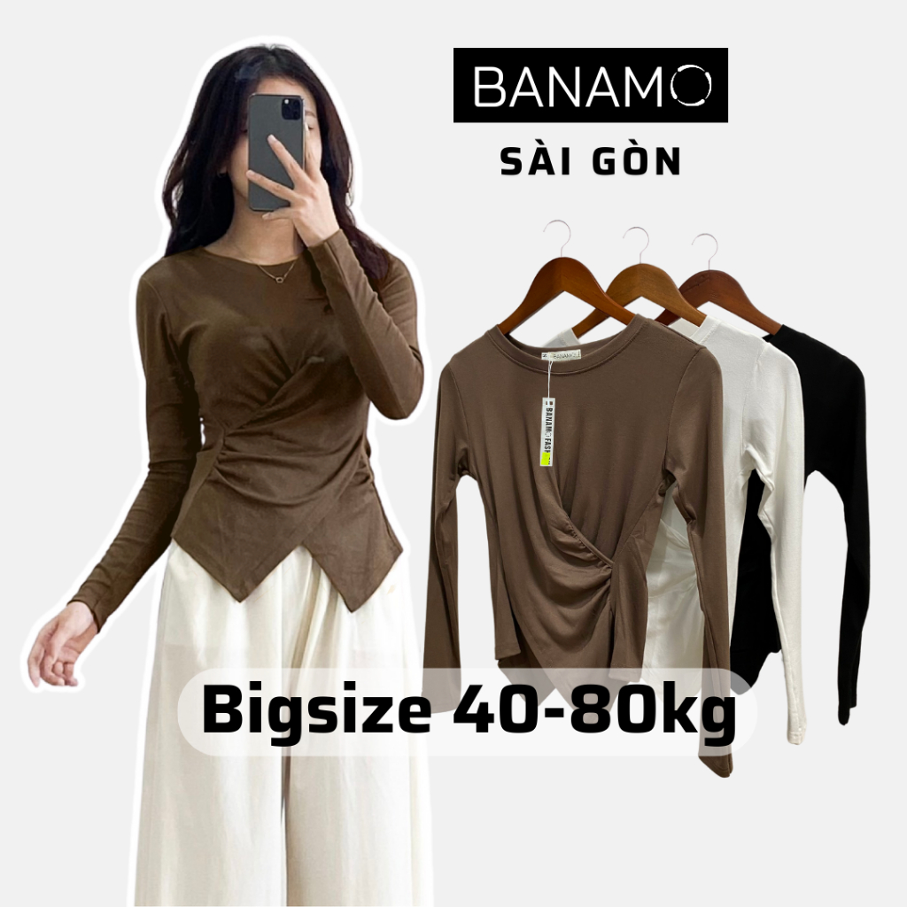 Áo thun nữ bigsize Banamo Sài Gòn áo thun trơn dài tay nhúm eo vạt chéo