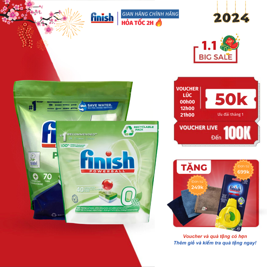 Viên rửa bát chén hữu cơ Finish All in 1 max ECO 0 size 70 40 viên an