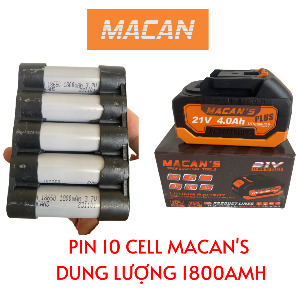 Pin 10 15 cell macan 21v dung lượng cao 1800 2000amh chân pin thông