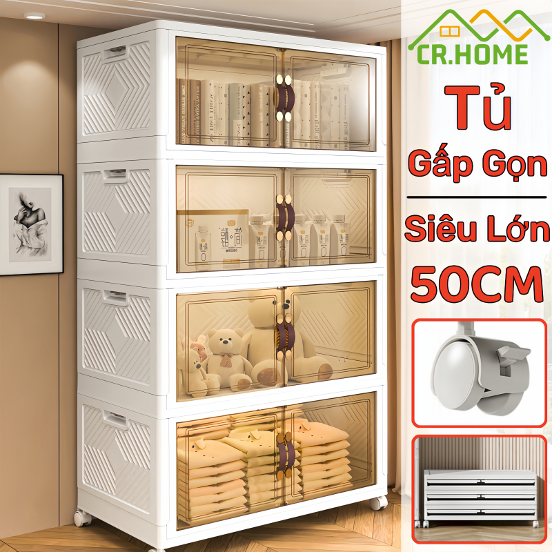 50CM Tủ Đựng Đồ Gấp Gọn Có Bánh Xe 360 Tủ Nhựa Lắp Ghép 5 Tầng Thông