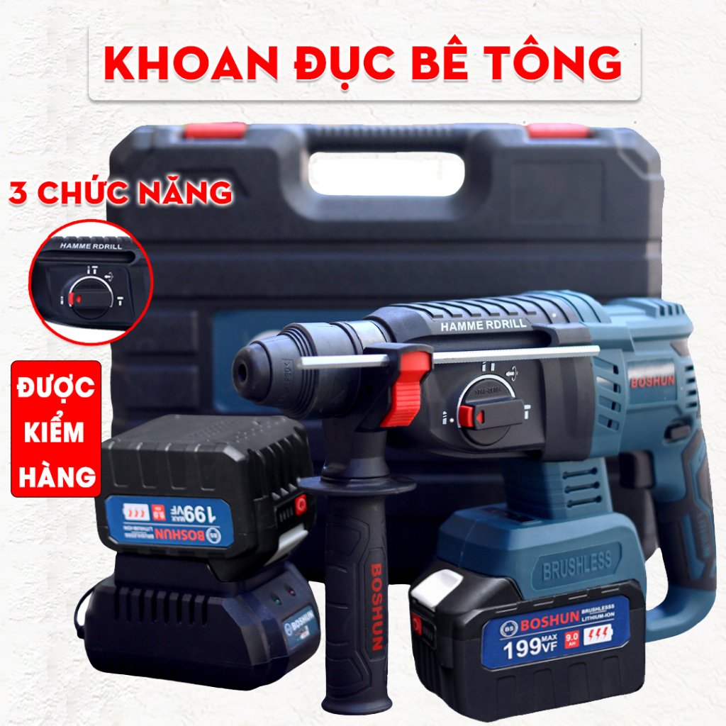 TẶNG MŨI KHOAN Máy Khoan Đục Bê Tông Boshun Không Chổi Than 3 Chức