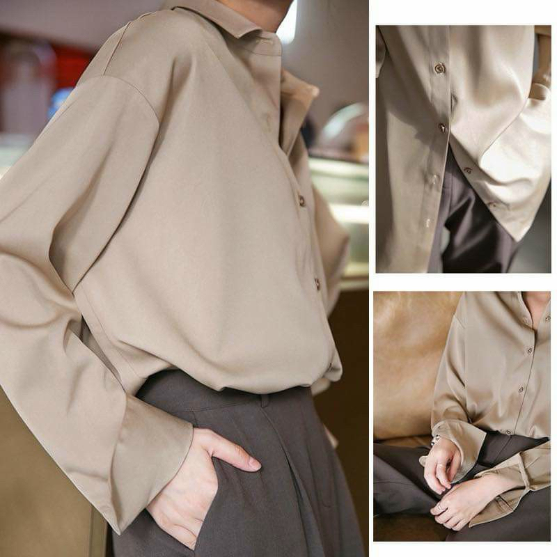Áo Sơ Mi Nữ Công Sở lụa Queen trơn màu nude form dài Shopee Việt Nam