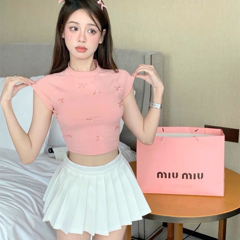 Áo phông nữ áo thun baby tee cổ tròn tay ngắn đính nơ cute Shopee