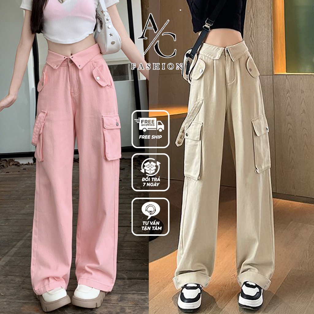 Quần Kaki Túi Hộp Ống Rộng Nữ Lưng Cao Hot Trend Avocado Quần Túi Hộp