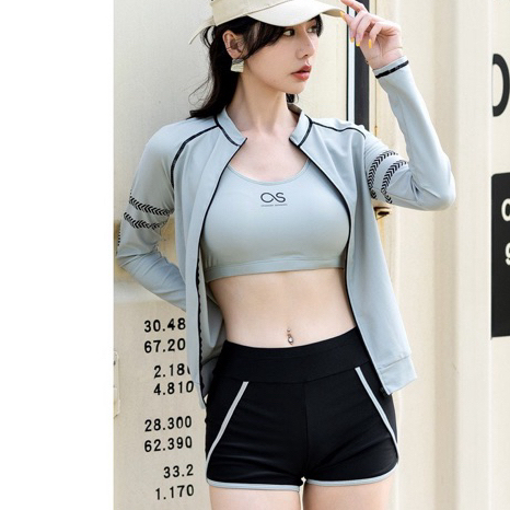 Set bikini mảnh Bộ bơi nữ áo bra áo khoác tay dài quần đùi đen