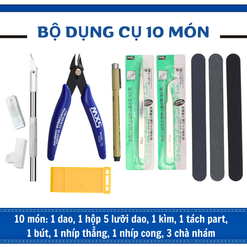 Bộ dụng cụ 10 món có 3 dũa Gundam Tool lắp ráp đồ chơi mô hình bộ dụng