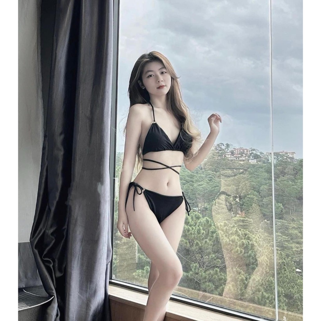 Bikini đồ bơi hai mảnh kèm khoen siêu sang chảnh đen Thoải mái Thoải