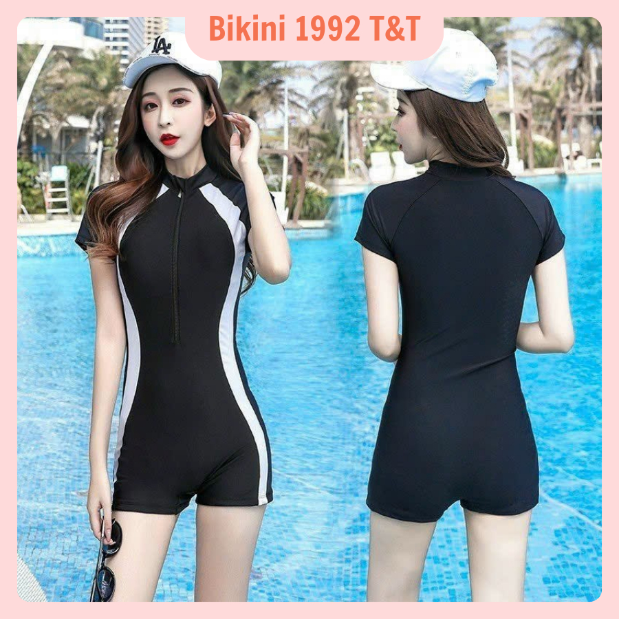 Bikini nữ kín đáo 1 mảnh liền váy có quần bảo hộ Đồ bơi đi biển tay