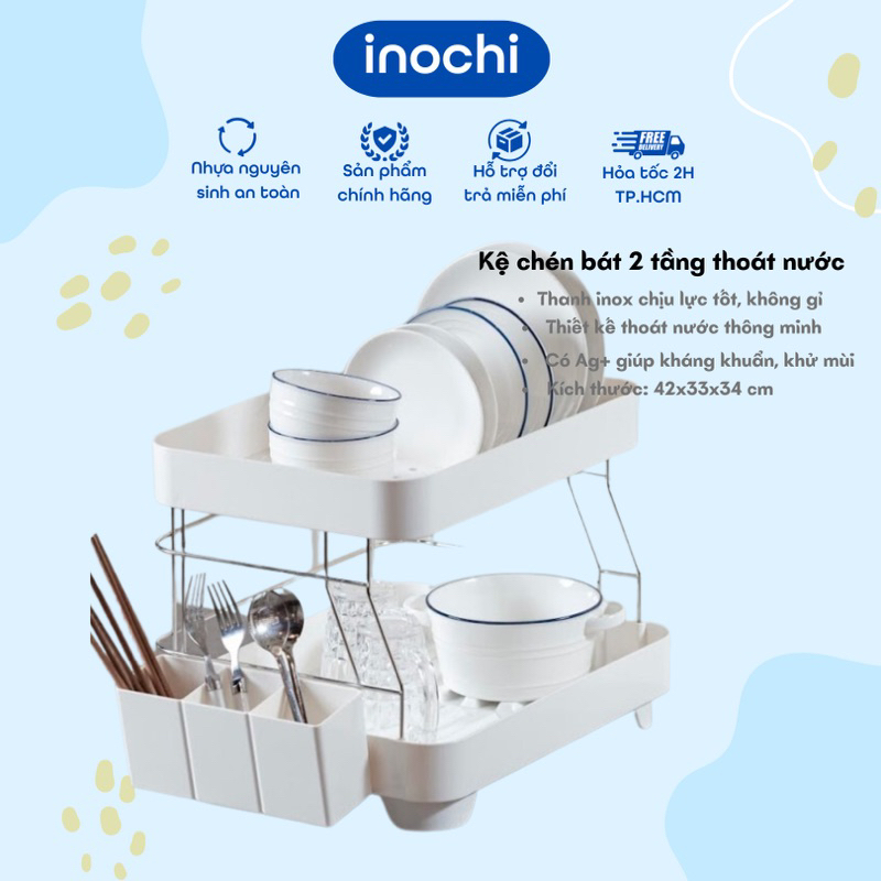 Hỏa Tốc Kệ Chén Bát inochi kệ bát Inox 2 Tầng Có Khay Thoát Nước