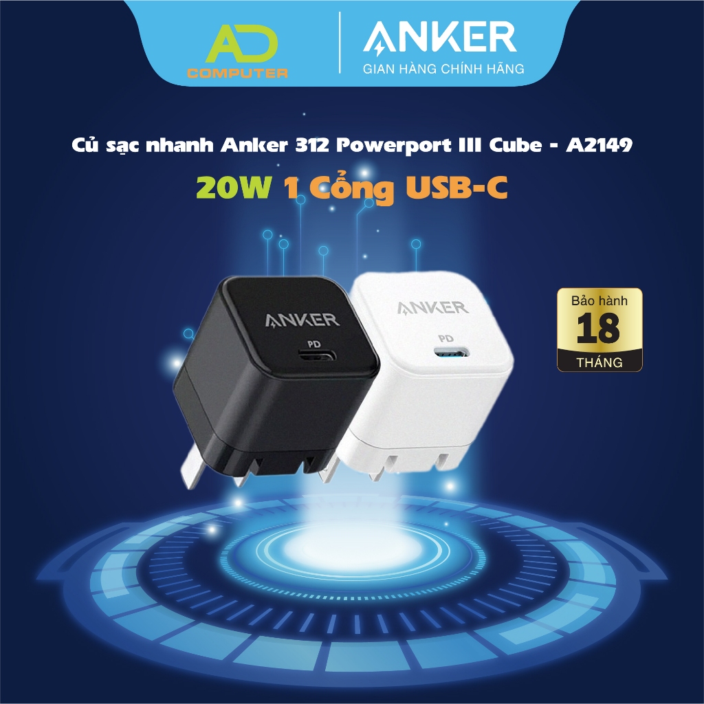 Củ sạc nhanh Anker 312 PowerPort III PD Cube 20W 1 cổng USB C A2149