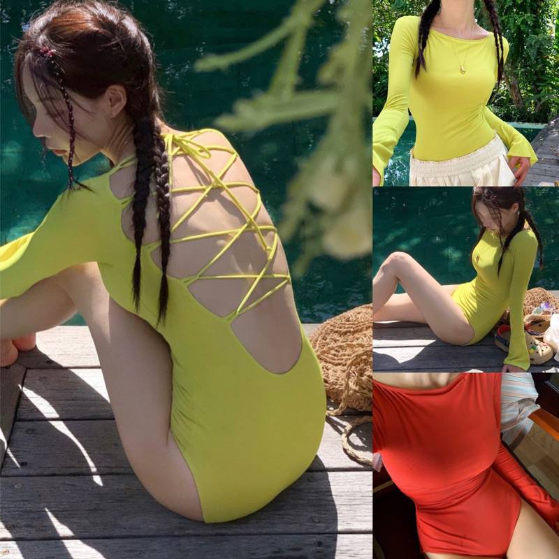 Bộ đồ bơi nữ bikini liền thân dài tay đan lưng gợi cảm có sẵn