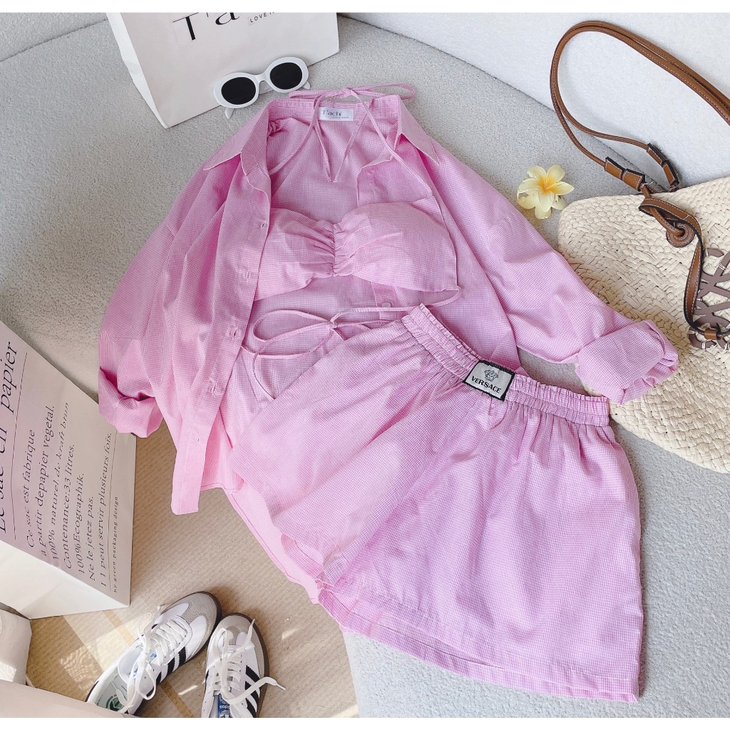 SET BIKINI HỒNG ĐI BIỂN ÁO SƠ MI CARO HỒNG OVERSIZE QUẦN SHORT CARO