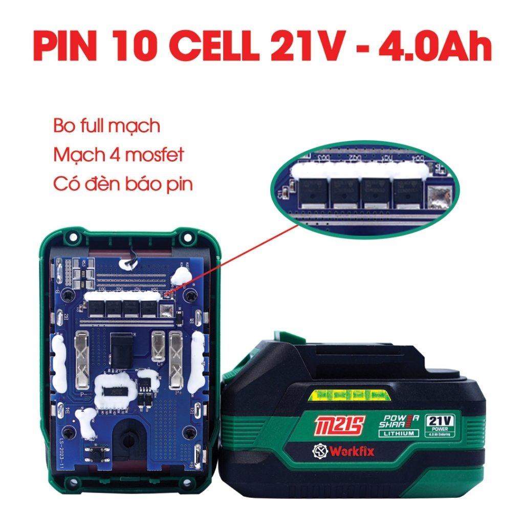 Pin WorkFix 10 15 Cell 21V 4ah Lithium Ion Mạch 4 Mosfet Pin 10