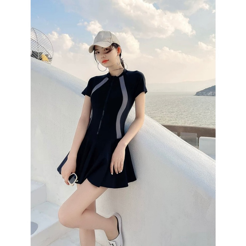 Có size M L XL Bikini đồ bơi đi biển một mảnh dây kéo đen phối xám tay