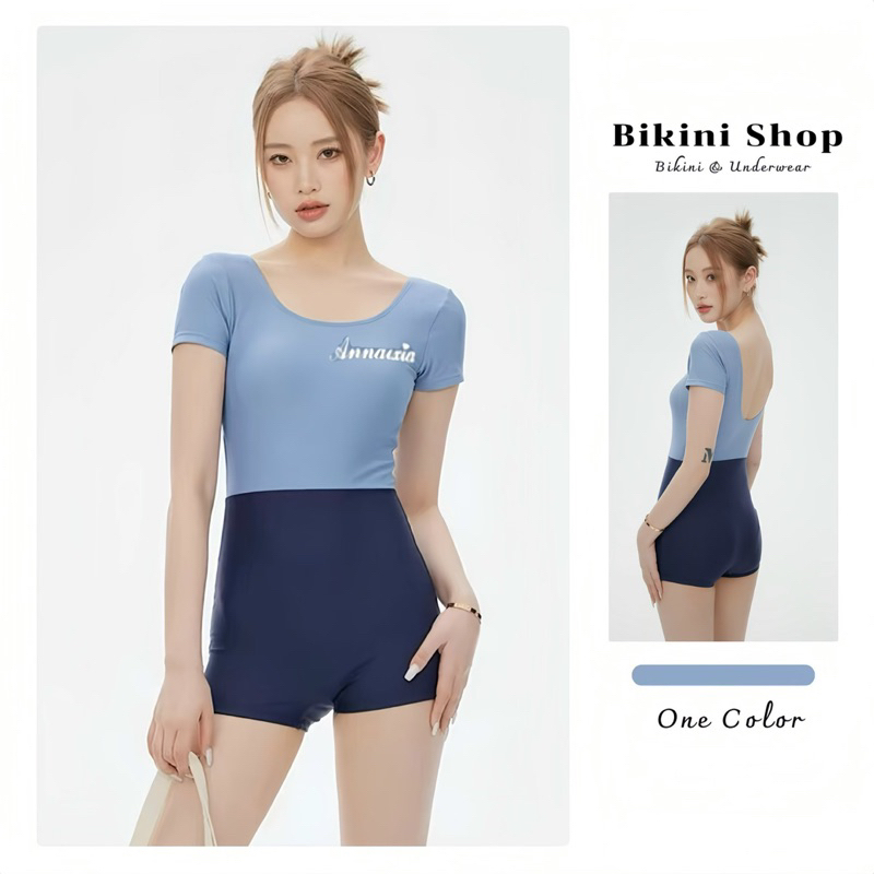 Bikini 1 mảnh kín đáo phối màu bassic đồ bơi nữ liền thân khoét lưng