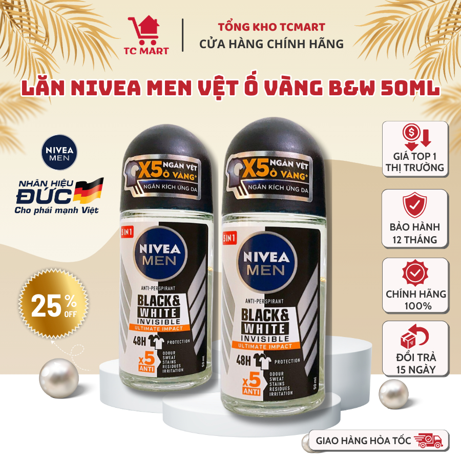 Lăn Ngăn Mùi NIVEA MEN Black White Ngăn Vệt Ố Vàng Vượt Trội Mạnh Mẽ