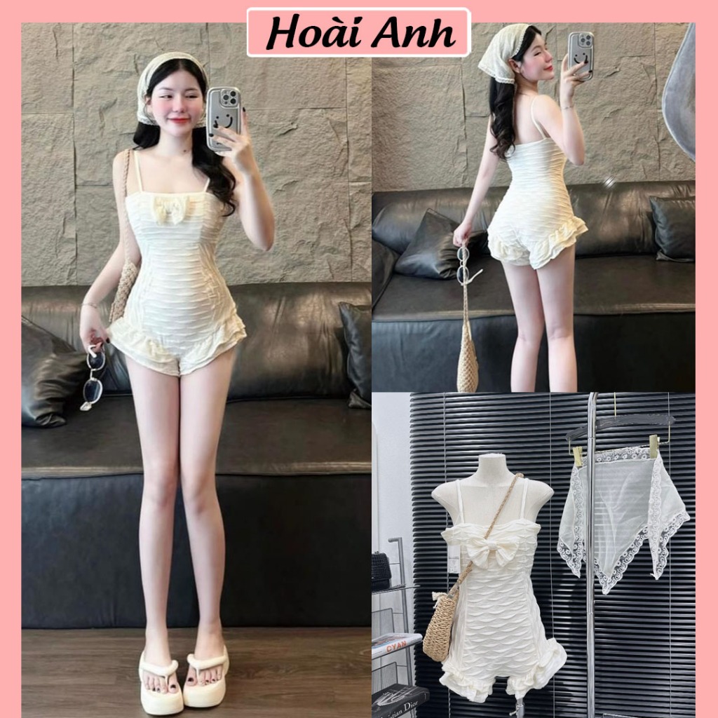 Set Bikini Liền Thân Đũi Nổi Sóng Màu Kem Có Cúp Ngực Kèm Khăn Tuban