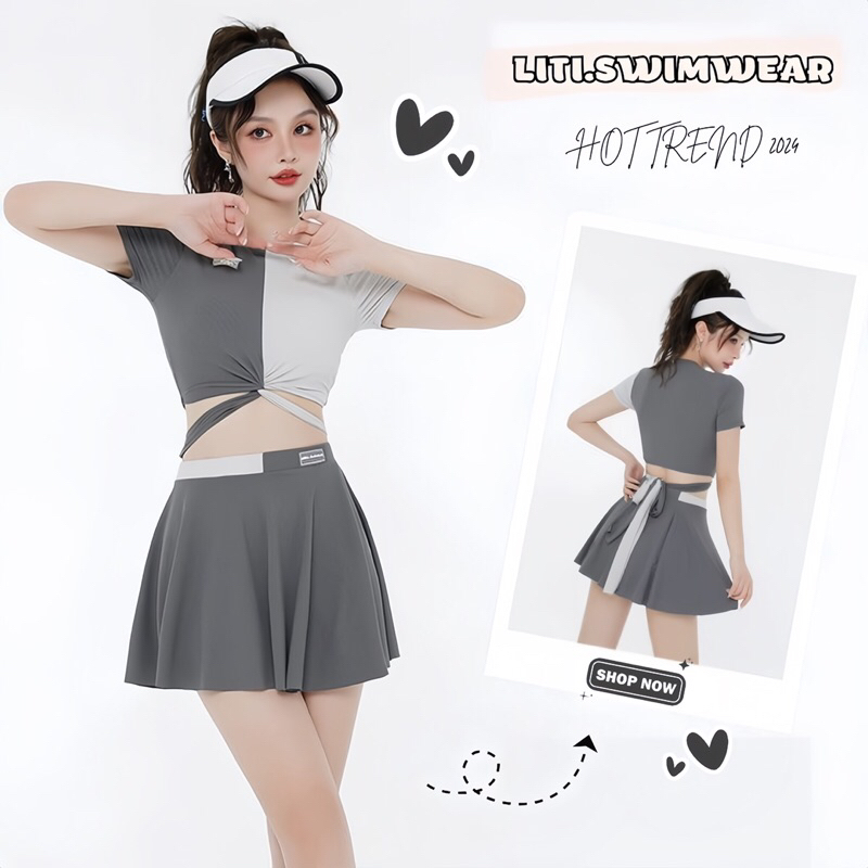 Bộ Đồ Bơi 3 Mảnh Màu Trắng Xám Kín Đáo Tôn Dáng Set Bikini Cộc Tay Kèm