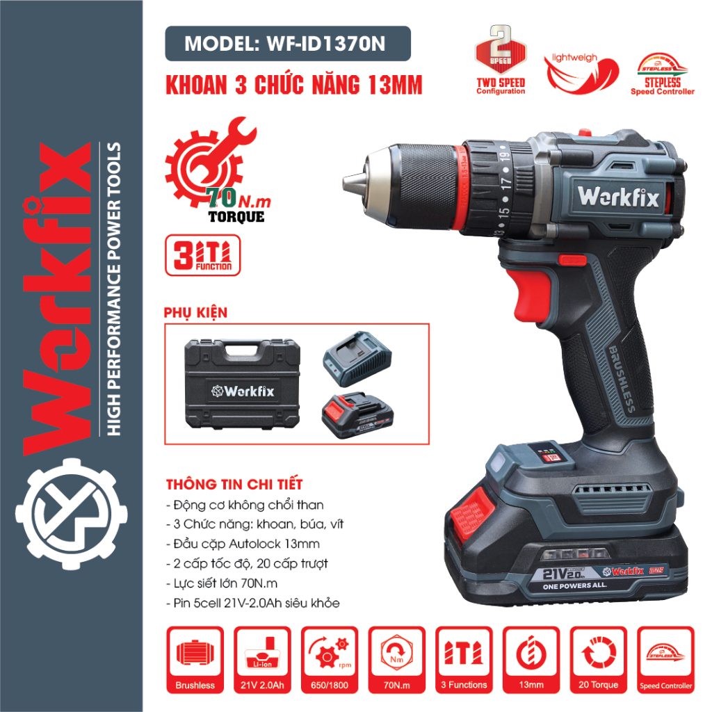 Máy khoan pin WORKFIX WF ID1370N Lực Siết 70N M Máy khoan 3 Chức Năng