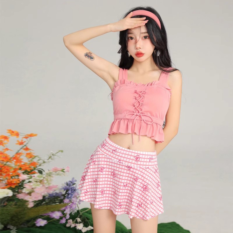 Bộ Đồ Bơi Bikini Hai Mảnh Chân Váy Màu Sắc Trẻ Trung Năng Động Shopee