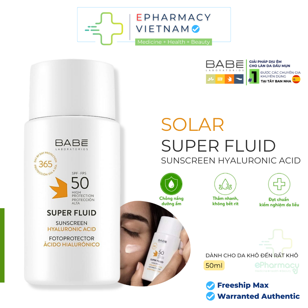 Kem Chống Nắng BABE Super Fluid Sunscreen Hyaluronic Acid SPF 50 Dưỡng