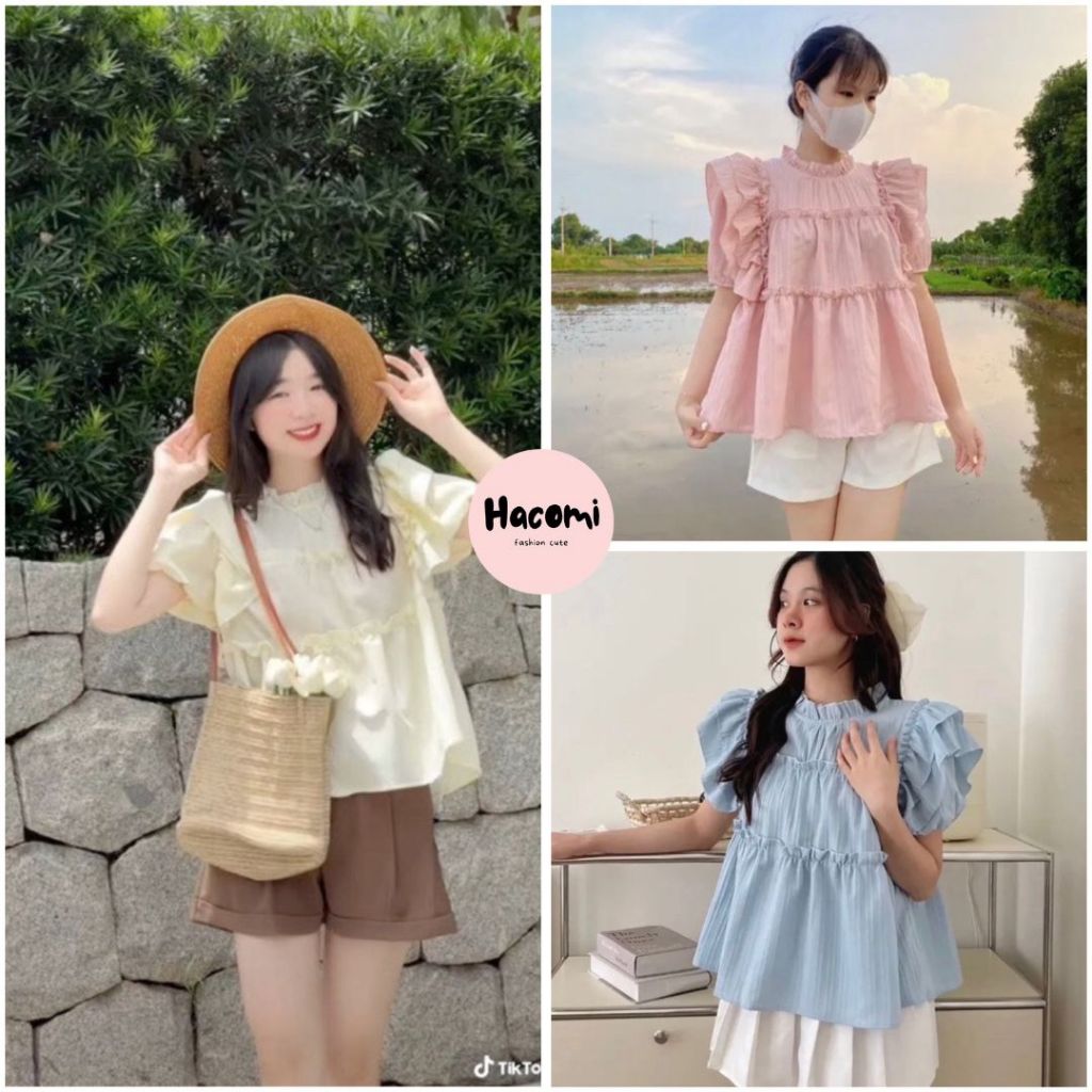 Áo babydoll cánh tiên tay bèo màu pastel Áo Sơ Mi Nữ Kiểu Babydoll Cổ