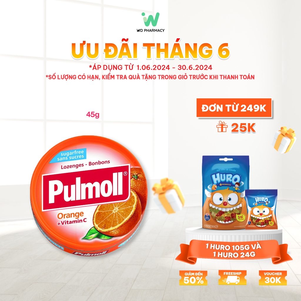 Kẹo ngậm ho không đường PULMOLL Vị Cam ORANGE SUGAR FREE 45g