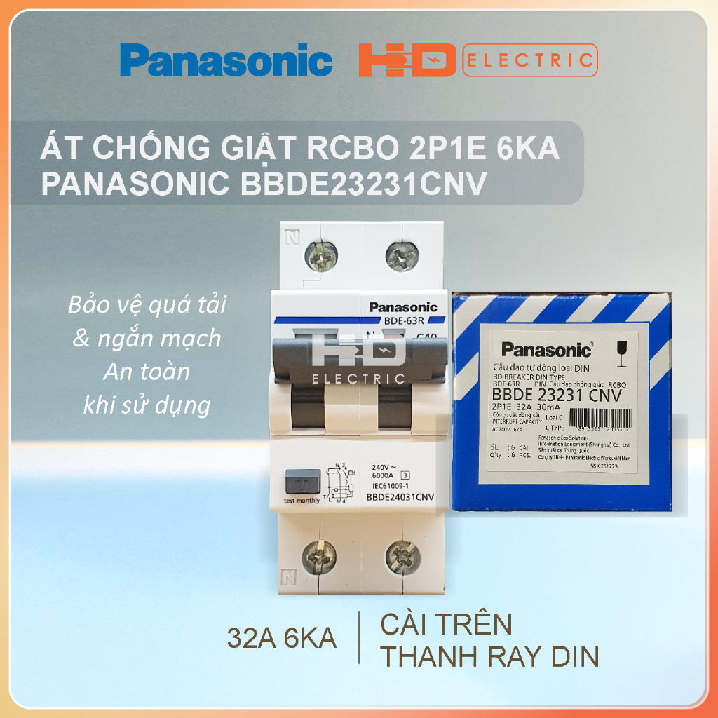 Át chống giật RCBO Panasonic 16A 20A 25A 32A 40A 50A 63A 6kA bảo vệ quá